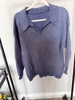 Navy Sparkle V-Neck Polo Sweater